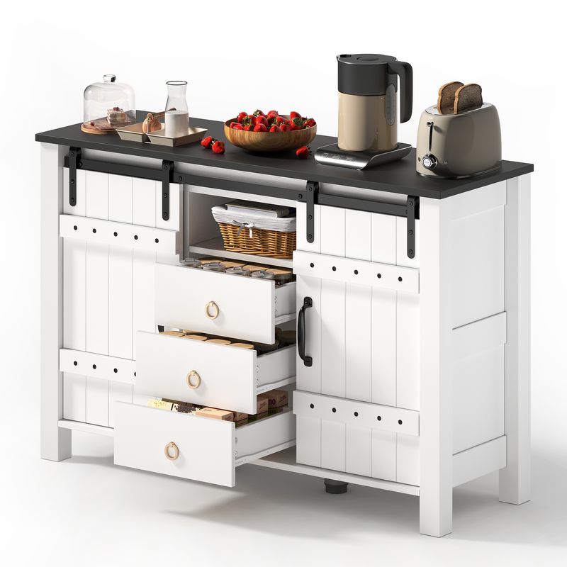 Buffetschrank Bianco 120cm Con Schiebetüren, 3 Schubladen, Rustikaler Holzstil_voghion.com