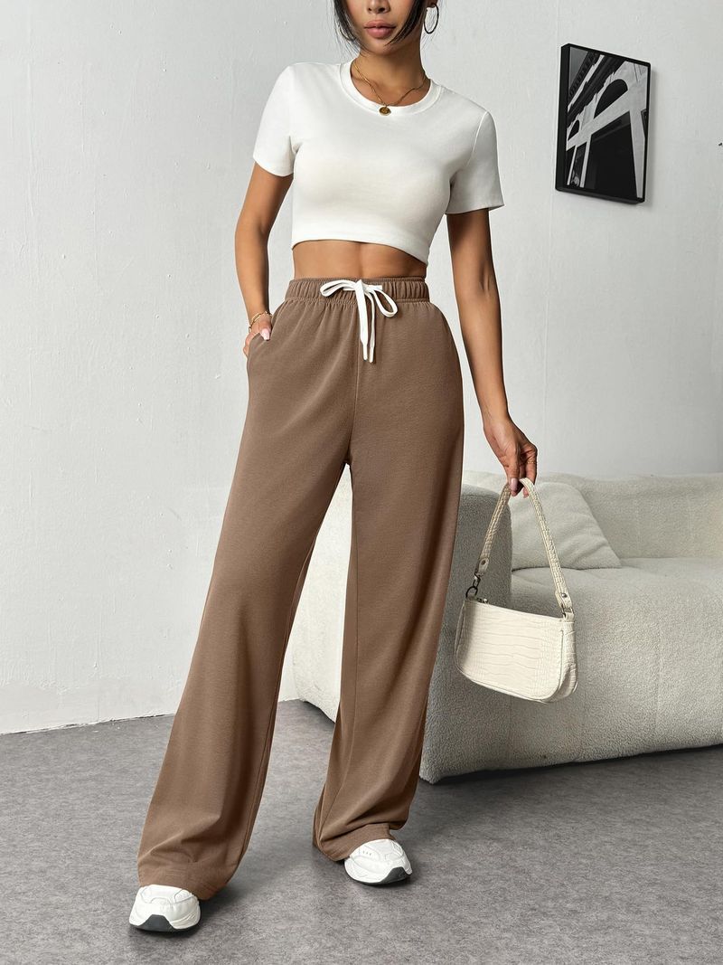 Nuovi pantaloni elastici in vita con tasche laterali, pantaloni della tuta larghi in pile spesso, taglio dritto, tinta unita, pantaloni lunghi da donna_voghion.com
