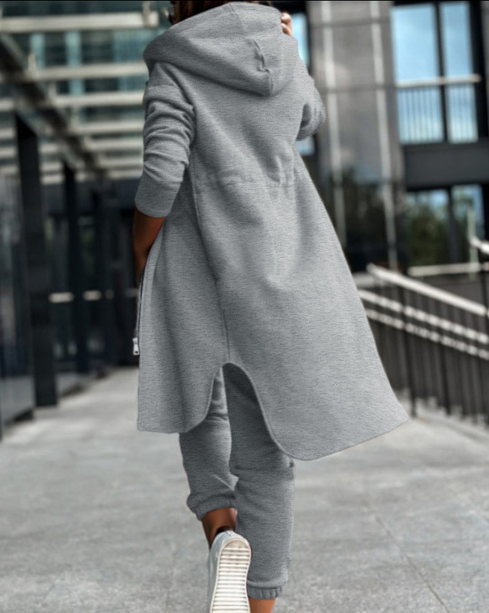 Zweiteiliges Set mit modischem, lässigem Kapuzen-Fleece-Hoodie-Mantel für Damen_voghion.com