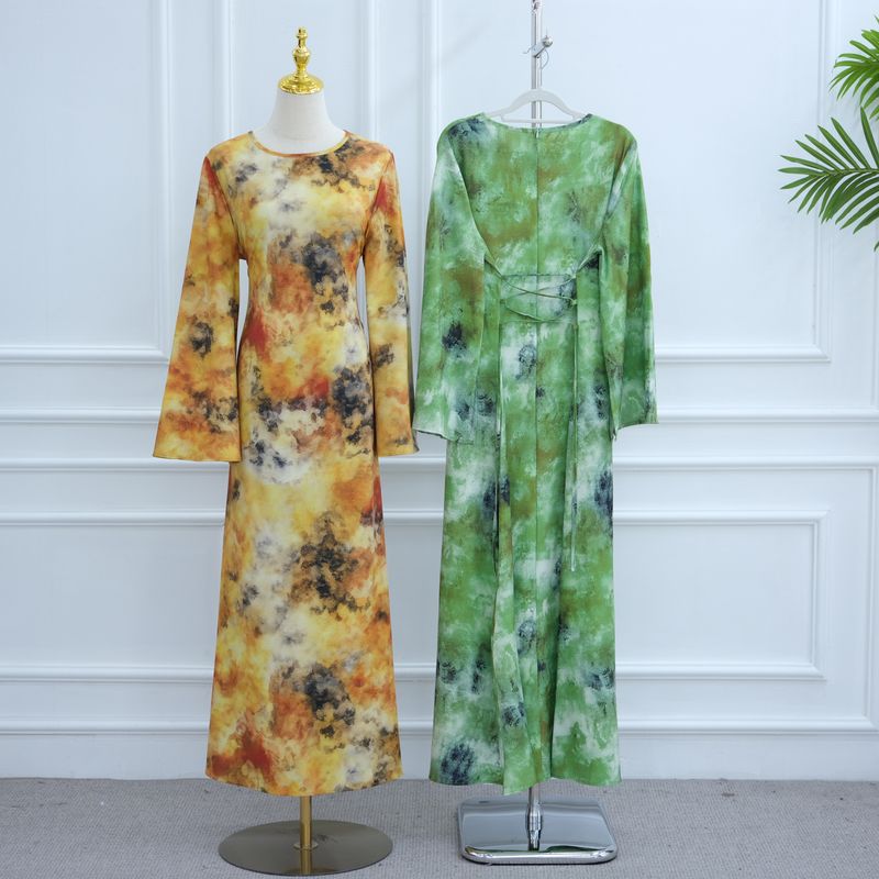 Damenbekleidung Damenkleid mit Blumendruck – Elegantes Langarm-Midikleid mit Fliege, Büro- und Freizeitkleidung (Grün, Gelb, S/M/L/XL)_voghion.com