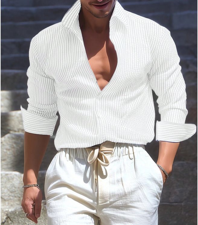 Men’s Casual Striped Long-Sleeve Shirt – Loose Fit Streetwear Button-Up (White/Black/Blue, S-XXL_voghion.com