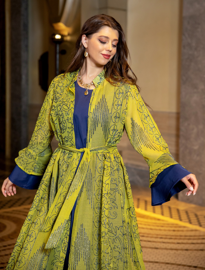 Damenbekleidung Nahöstliches muslimisches Abendkleid für Frauen mit Lotusblattärmeln, neues zweiteiliges Kleid, Jalabiya-Robe_voghion.com