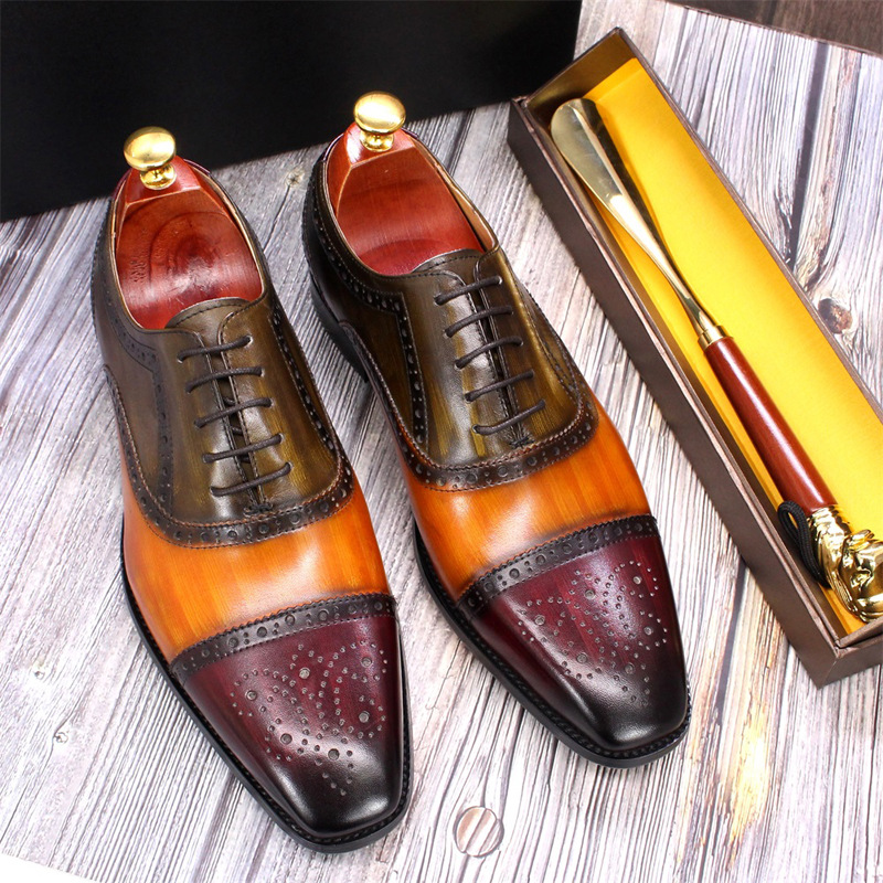 Unbeatable Quality Handmade Goodyear Tire And Rubber Company Men's Leather Leather British Block Carved Oxford Shoe Color Blocking_voghion.com