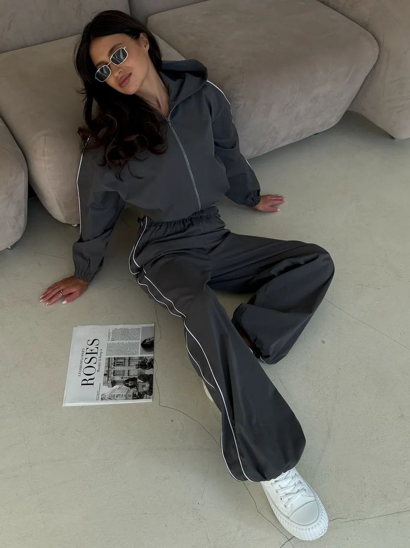 Women's Clothing Casual Hooded Sweatshirt With Striped Pants Set - Long Sleeve Pullover & Lounge Joggers - Streetwear Outfit (Dark Grey, S/M/L/XL)_voghion.com