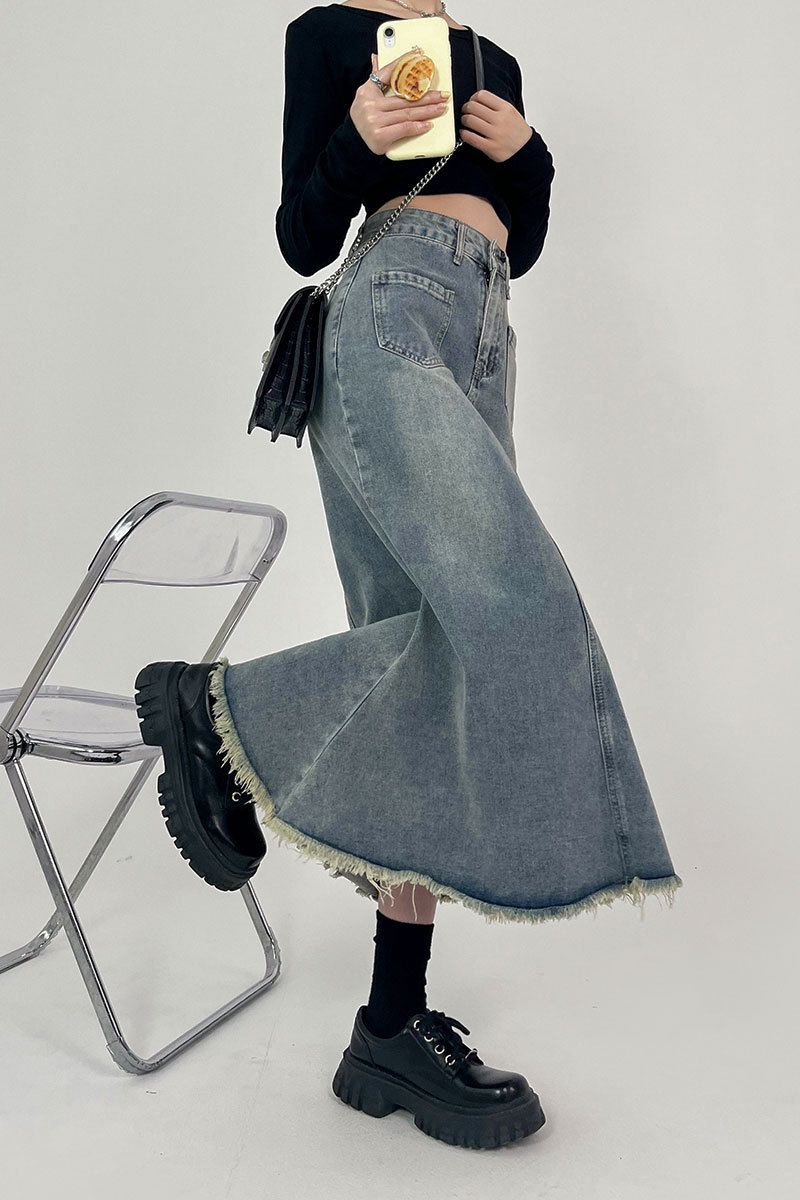 Robust denim dametøj i mellemlang indershorts i koreansk pæreformet, højtaljet, kødbeklædt A-formet bagdel_voghion.com