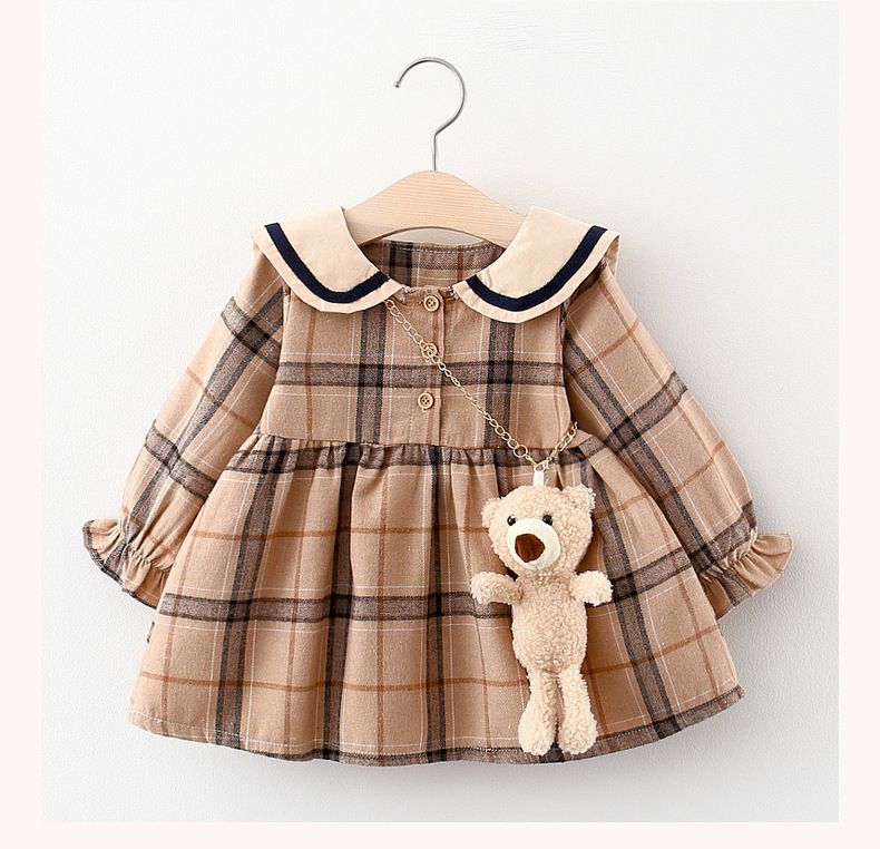 2810 gonna per bambini versione coreana alla moda grande colletto per bambola con bocca chiusa manica lunga plaid orso_voghion.com