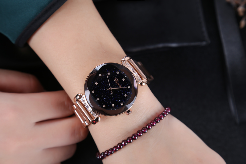 Demini Starry Sky Plate con cinturino in acciaio con diamanti Orologio da donna alla moda con doppio pulsante in oro rosa e viola_voghion.com