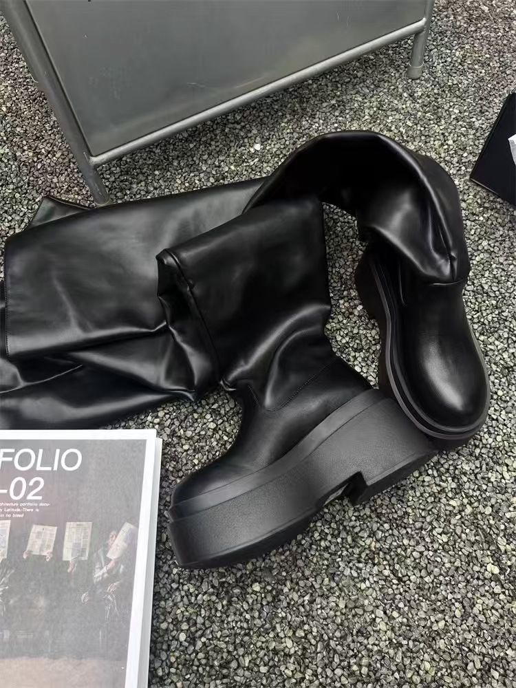2025 Neue Herbststiefel, Faulenzerstiefel mit dicker Sohle, Designerstiefel mit hoher runder Spitze und klobigem Absatz, modisch, hundertfach tragbar, bequem, leicht_voghion.com
