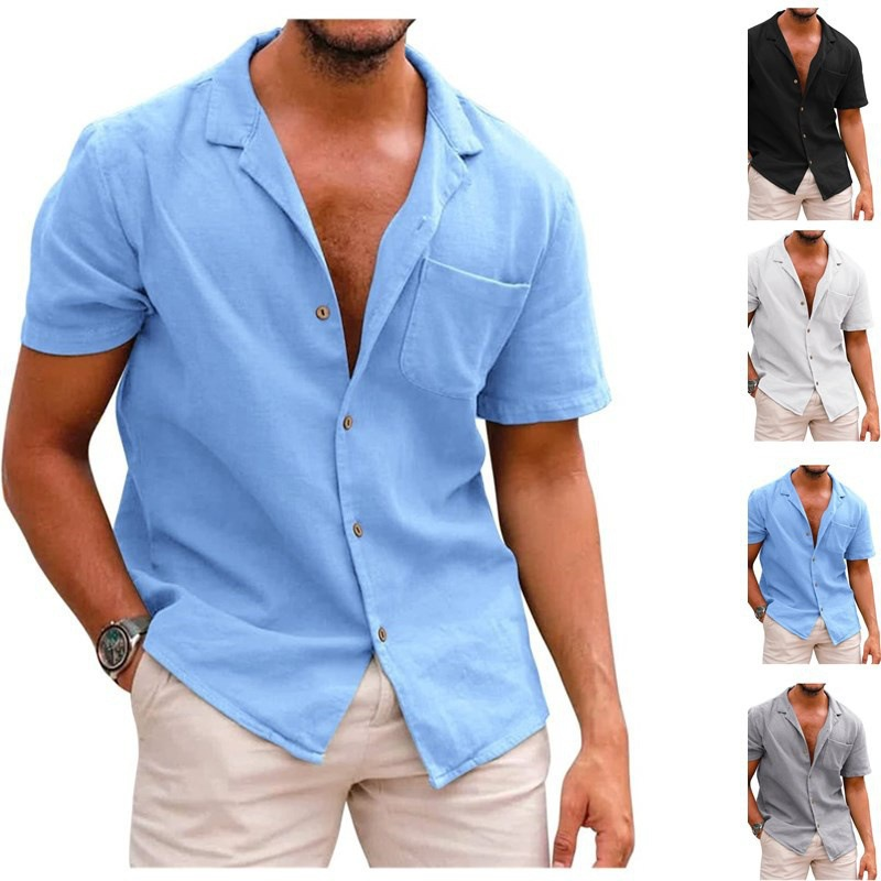 Cămașă bărbătească la modă, cu mânecă scurtă, cu rever, din in, lejeră, mărime mare, casual, pentru bărbați_voghion.com