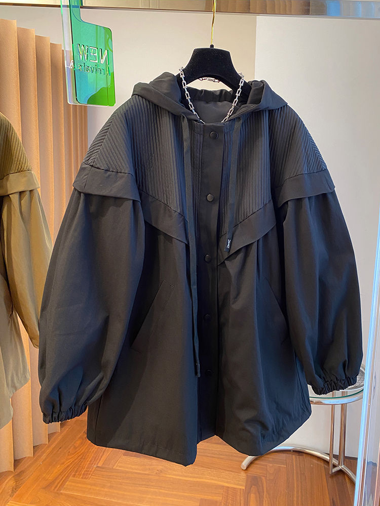 2023 herbst Frau Patchwork Übergroßen Mantel Mit Kapuze Mode Koreanische Streetwear Casual Khaki Schwarz frauen Windjacke Mantel_voghion.com