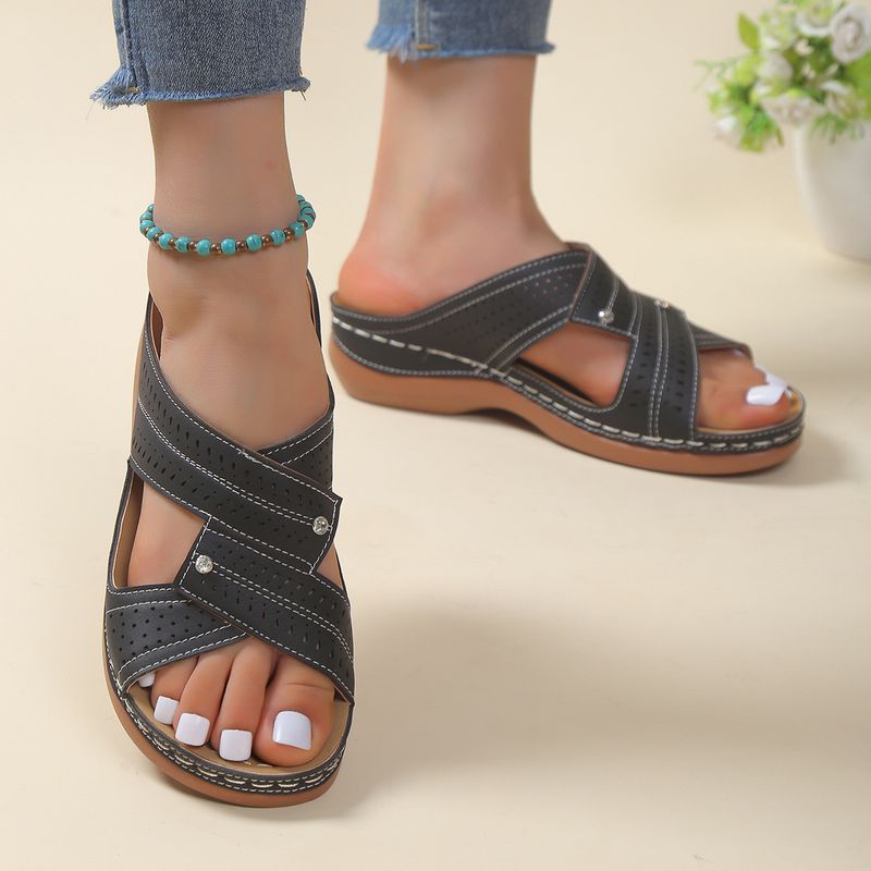 New casual slippers round head cross strap hollow high heel women's wedge heel slippers_voghion.com