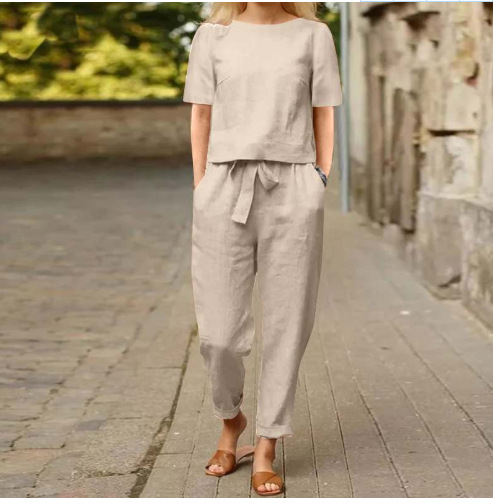 Sommeranzug aus Baumwolle und Leinen für Damen, halbärmeliges, übergroßes Überziehhemd mit O-Ausschnitt, Hosenset mit weitem Bein, Heimkleidung_voghion.com