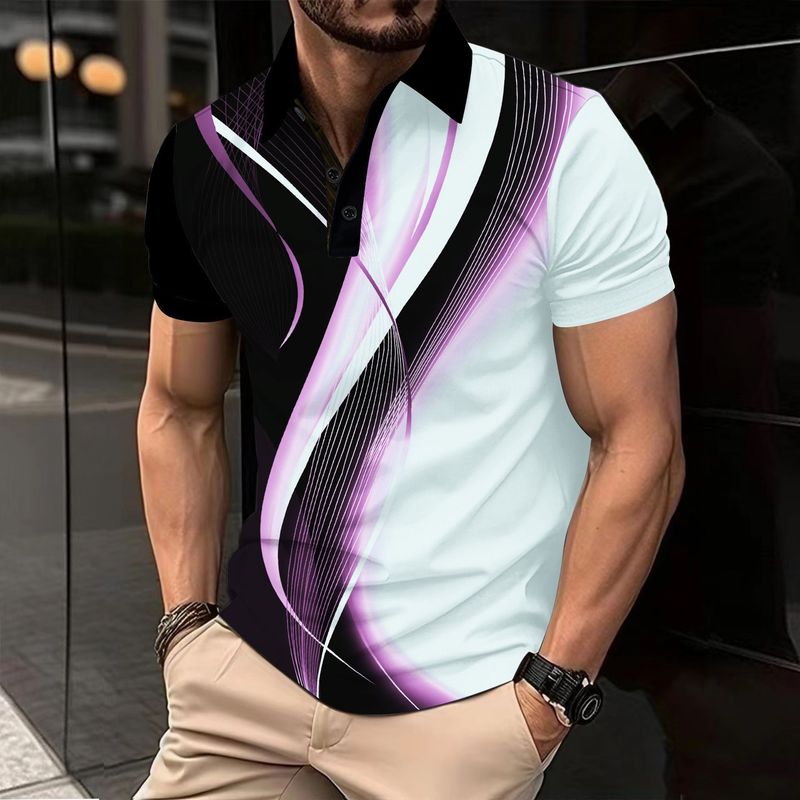Men's Casual Polo Shirt Printed Lapel Button Business Color Matching All Match T Shirt_voghion.com