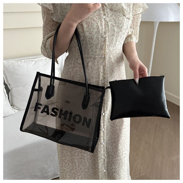 Borsa da spiaggia impermeabile in gelatina trasparente con stampa di lettere personalizzate, borsa a secchiello di grande capacità per le donne_voghion.com