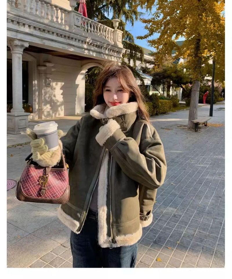 Green Suee Motorcycle Lamb Wool Coat For Women, Autumn Winter 2024, High-En Thickene Stan Collar Sheepskin_voghion.com