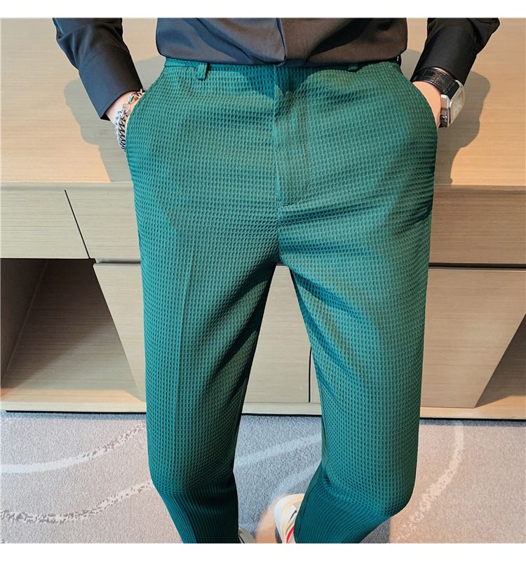 Men's Clothing Style Light Mature Men's Casual Waffle Trousers Waist Elastic Trousers Youth Skinny Trousers_voghion.com