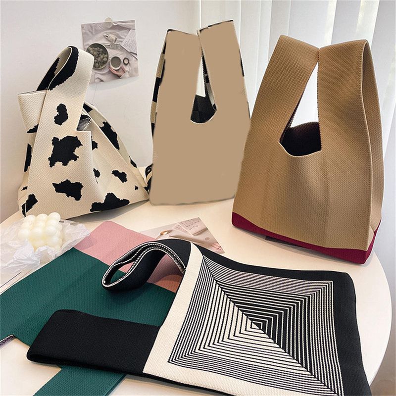 Borsa a mano in maglia fatta a mano da donna Mini borsa da polso con nodo Borsa per la spesa riutilizzabile per studenti a righe larghe scozzesi a colori casual_voghion.com