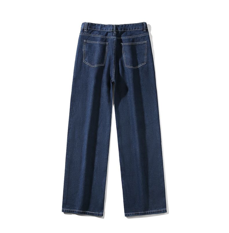 Deep Blue Washed Denim Jeans Herren im Frühjahr und Herbst 2024, neue einfarbige, vielseitige, weite, lässige Hose mit geradem Bein für_voghion.com