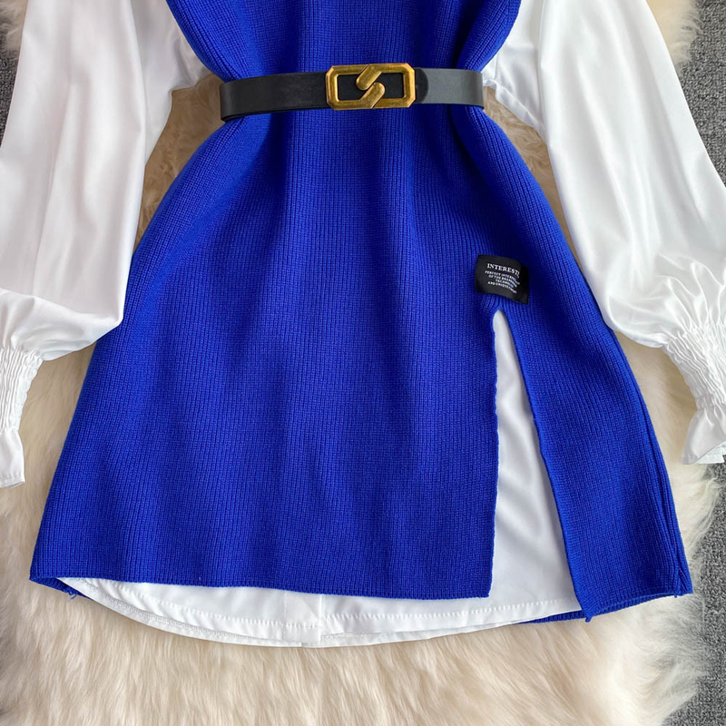 K Long-sleeved Suit With White Shirt, Sweater, Waistcoat, Age-reducing Loose Knitted Vest, Two-piece Set For Women_voghion.com