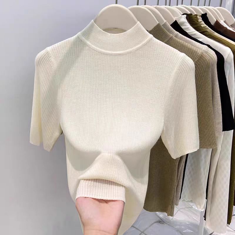 Maglia aderente con collo semi-alto – Pullover traspirante a maniche corte (essenziale per un look a strati leggero, bianco, nero)_voghion.com