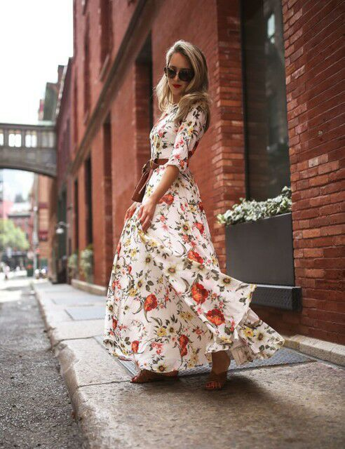 Damenbekleidung Langes Chiffonkleid mit Boho-Print, Rundhalsausschnitt und mittellanger Taille_voghion.com