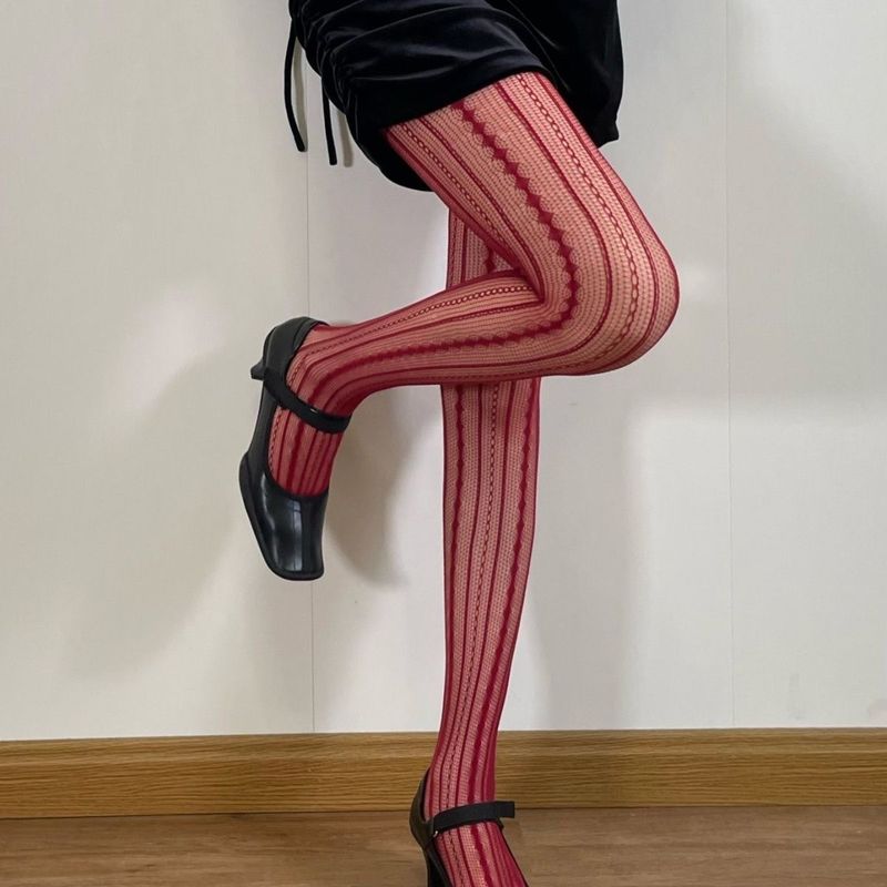 Spring And Autumn Striped Red Millennium Slim Stockings Retro Dark Pattern Hot Girls All Match Thin Tights 6196_voghion.com
