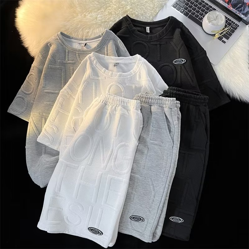 Herenkleding Zomerpak voor heren, trendy en veelzijdig, effen kleur, casual T-shirt met korte mouwen, wafeltop_voghion.com