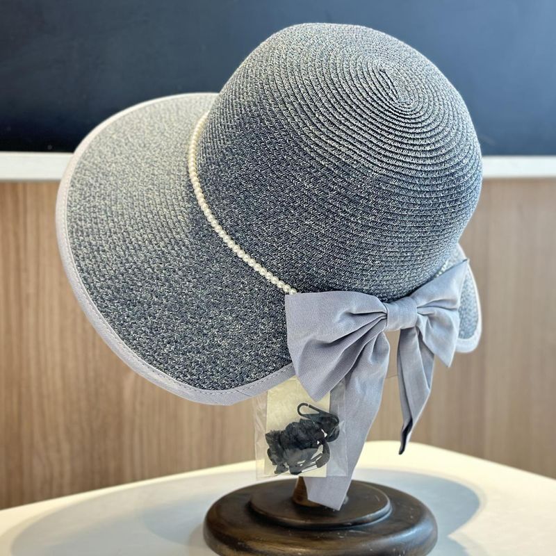 Cappello da pescatore con fiocco e perle, estivo, alla moda, da spiaggia, da donna, con cappello di paglia_voghion.com