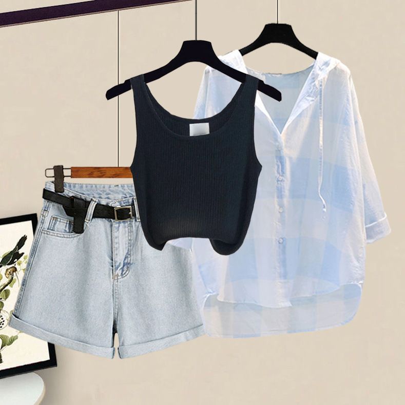 Damenbekleidung Sommer Plus Size Outfit Sonnenschutz Hemd Weste Slim Denim Shorts Dreiteiliges Set_voghion.com