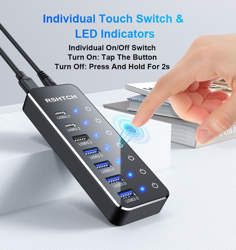 RSHTECH 7-Port Powered C Hub With 10Gbps USB-C 3.2 Ports Individual Touch Switches 5V/3A Pow Adapt Laptop USB_voghion.com