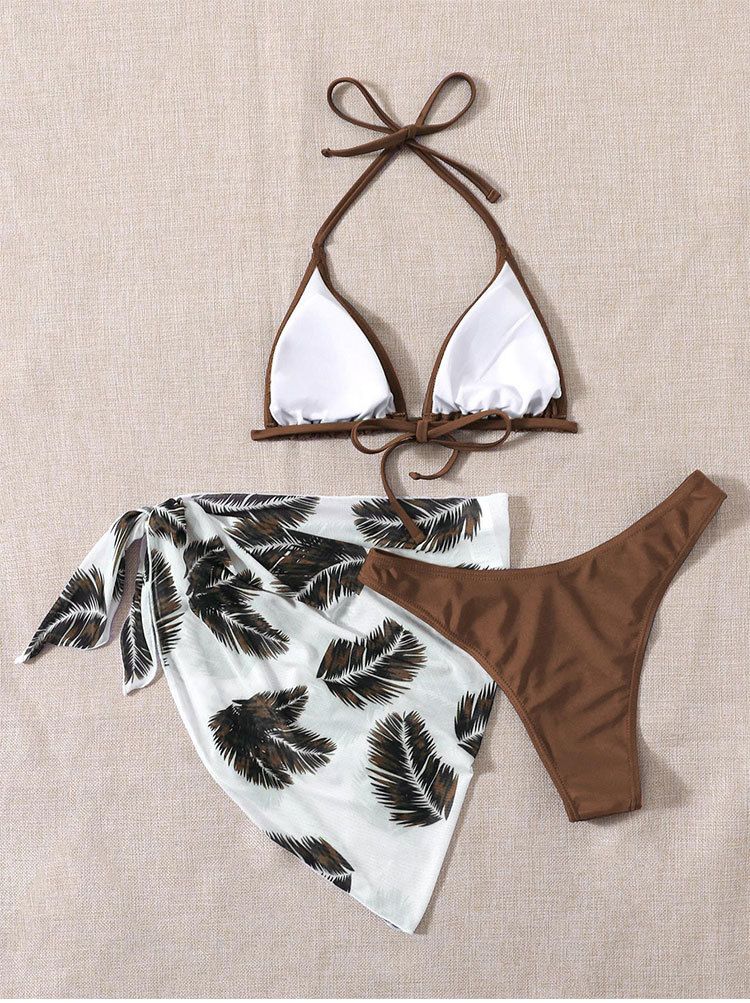 Damenbekleidung Neuer Neckholder-Badeanzug mit Netzrock und Bindeband Dreiteiliger Strand-Bikini-Badeanzug für Damen_voghion.com