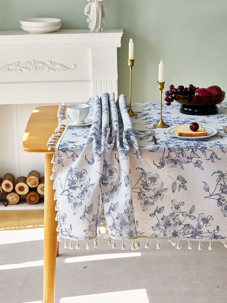 Scandinavian Blue Floral Tablecloth – Waterproof Cotton-Polyester Blend For Dining & Picnic (Multiple Sizes) – Bohemian Decor With Non-Slip Backing_voghion.com