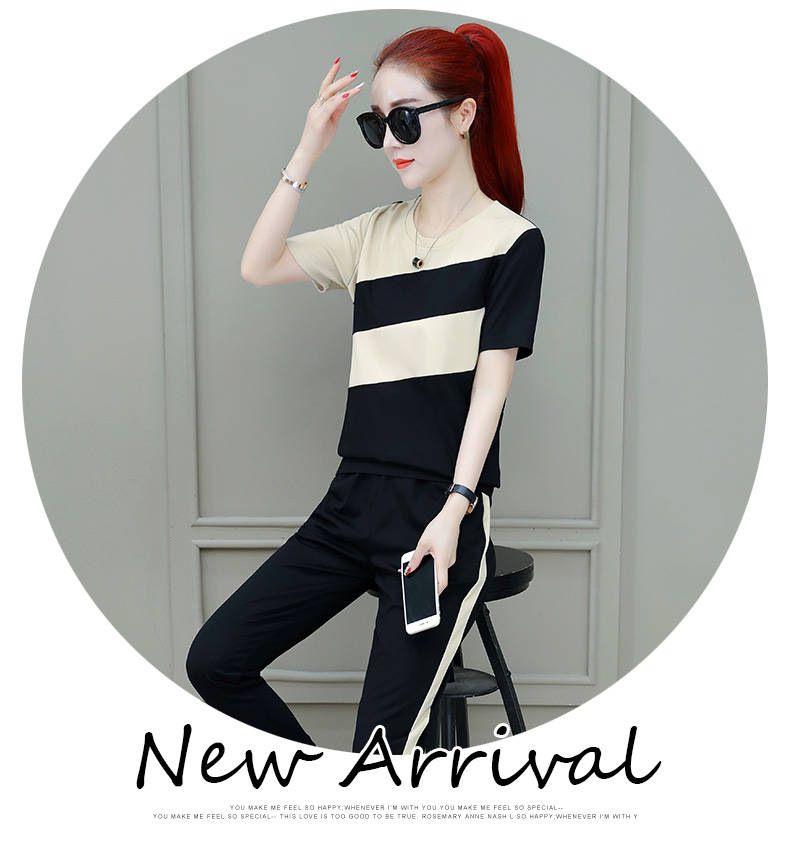 2025 Summer Women's Korean Style Loose Plus Size Color Block Short Sleeve T-Shirt And Long Pants Running Casual_voghion.com