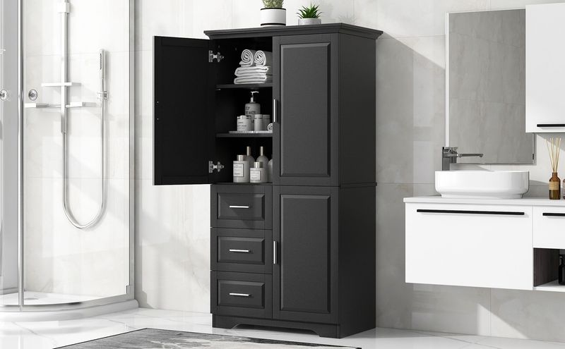 Tall And Wide Storage Cabinet With Doors For Bathroom/Office, Three Drawers_voghion.com
