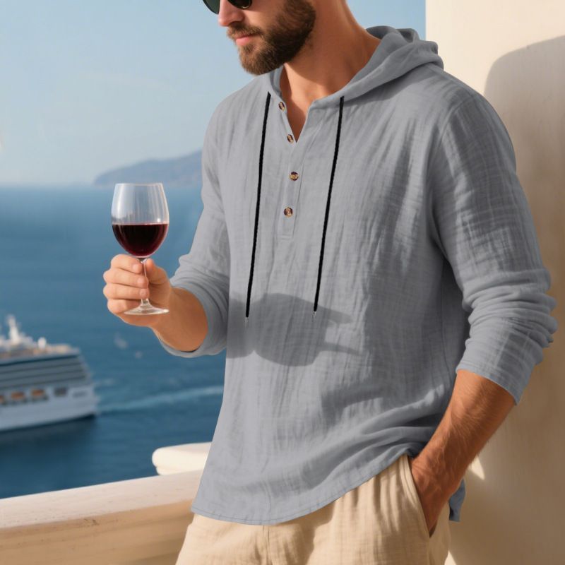 Herren-Kapuzenhemd aus Leinenmischung – Leichtes und atmungsaktives Langarm-Strandhemd (Schwarz/Grau/Armeegrün, lockere Passform, maschinenwaschbar)_voghion.com