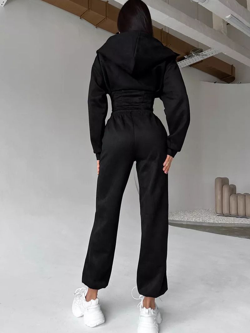 Women's Solid Color Hooded Sweatshirt & Jogger Pants Set - Stylish Streetwear Two-Piece Outfit For Fall/Winter Casual Wear_voghion.com