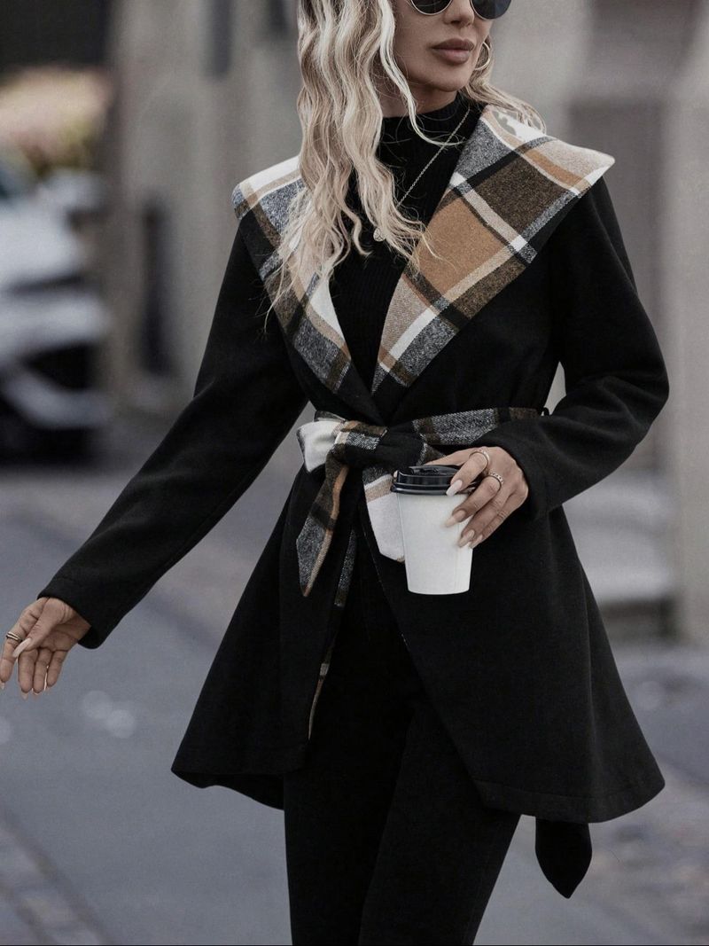 Damenbekleidung, karierter Trenchcoat aus Wolle mit Schnürung, Farbblockdesign, langer Karomuster und Gürtel – stilvolle zweireihige Oberbekleidung aus Wollmischung für Herbst und Winter_voghion.com