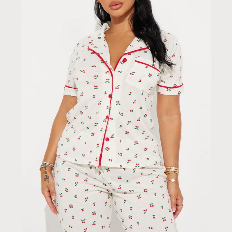 Women's Clothing Home Comfortable Printed Front Open Lapel Short Sleeved Trousers Suit_voghion.com