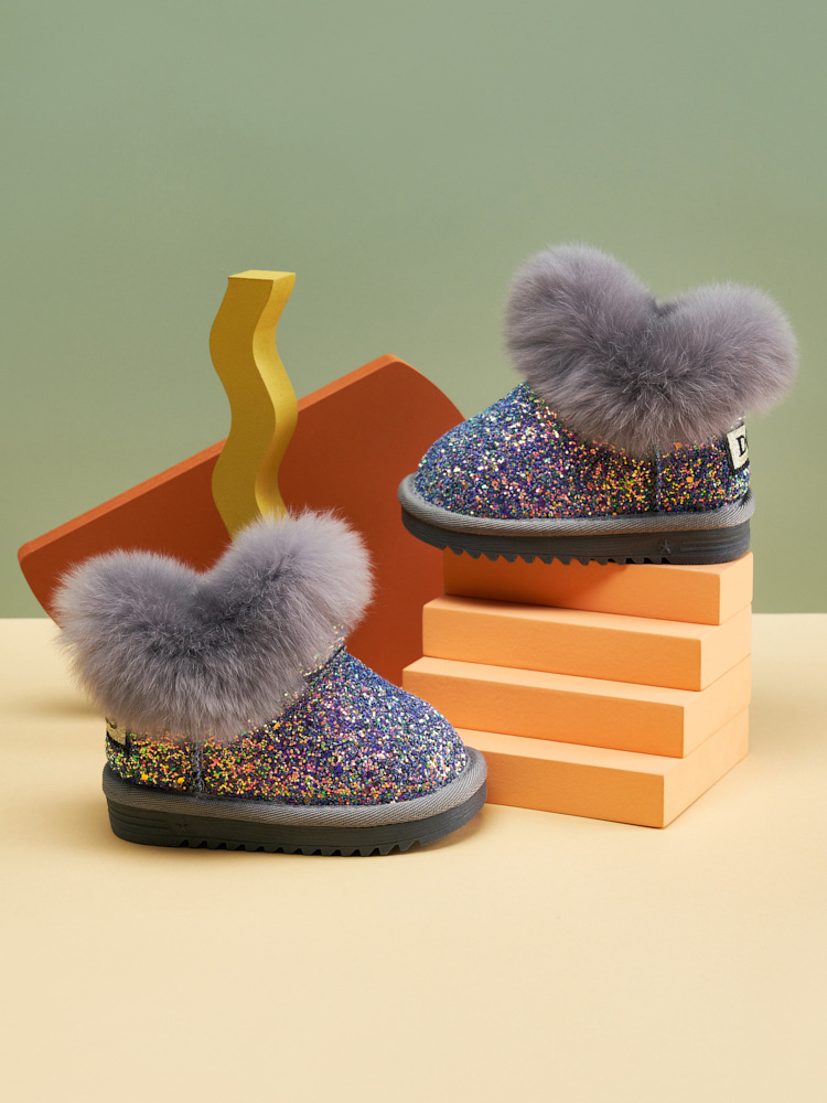 Mädchen-Schneestiefel, Leder und Fell integriert, wasserdichte Kinder-Plüsch-Winterschuhe, Kinder-Baumwollstiefel, klein_voghion.com