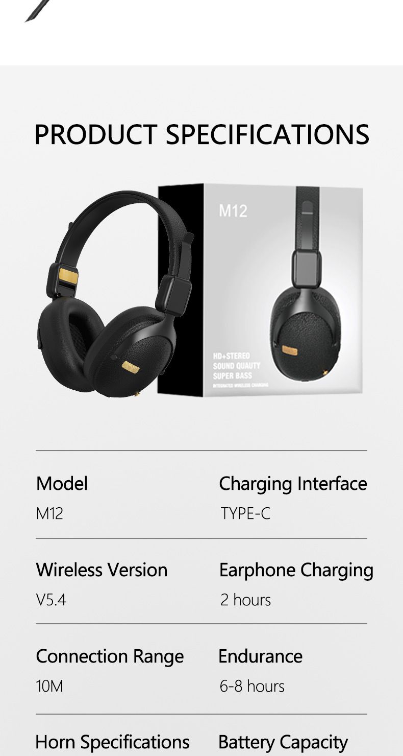 Cuffie Bluetooth Vintage M12 – Cuffie wireless over-ear con Bluetooth 5.4, latenza ultra bassa, suono Hi-Fi, riproduzione di schede TF e modalità EQ_voghion.com