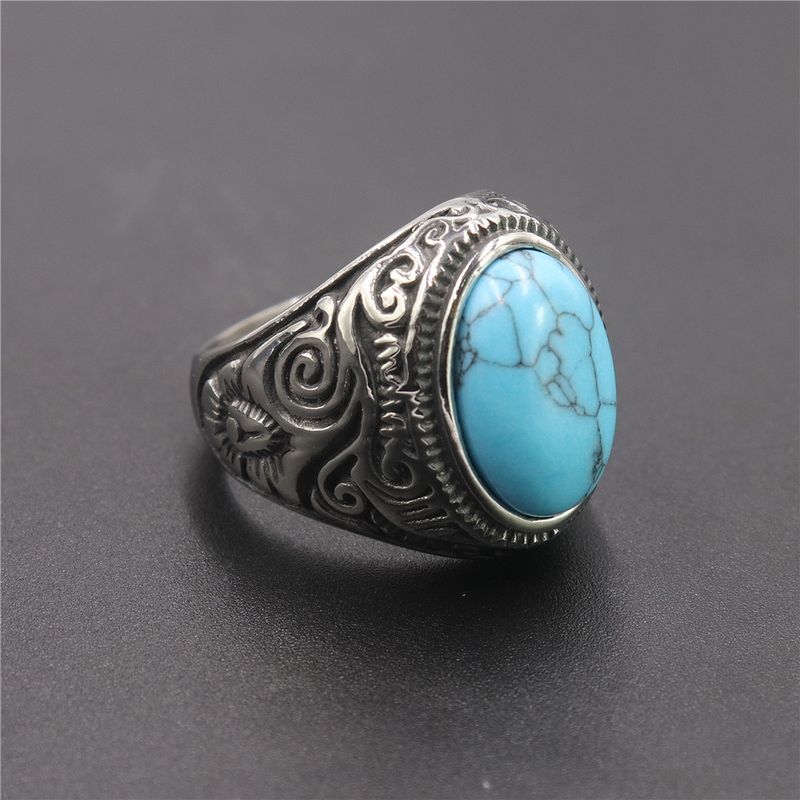 Retro Series Turquoise Pattern Titanium Steel Men's Ring Street Fashion Ring_voghion.com