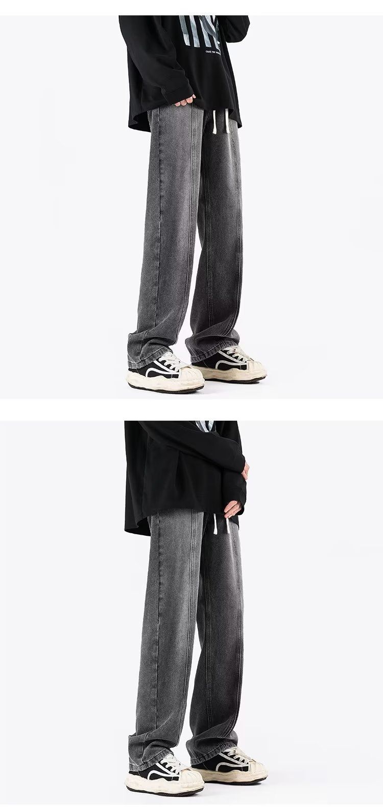 Washed Denim Jeans Men's Spring American High Street Oversized Trendy Brand Loose Straight Leg Pants_voghion.com