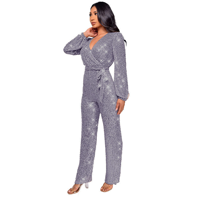 Damkläder Ins Style Deep V Mode Casual Jumpsuit Långärmat Bälte Paljett Jumpsuit Dam_voghion.com