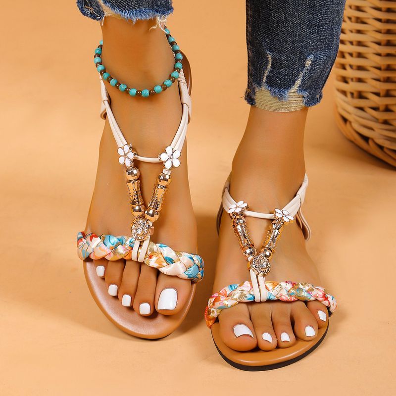 Damensandalen für Damen im Sommer, neue farblich passende flache, bequeme Sandalen im ethnischen Stil mit Perlen_voghion.com