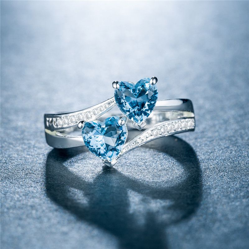 Ring Damen-Zirkonring, doppeltes Herz, platinierter Kupferring, Kopfbedeckung_voghion.com