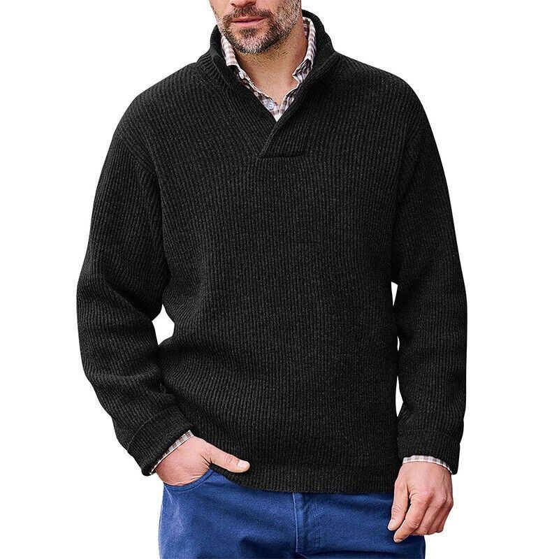 Lässiger Strickpullover mit V-Ausschnitt für Herren – weich und atmungsaktiv, lockere Passform, lange Ärmel, gerippter Saum, einfarbig (Schwarz, Marineblau, Grau, Armeegrün, Kaffeebraun)_voghion.com