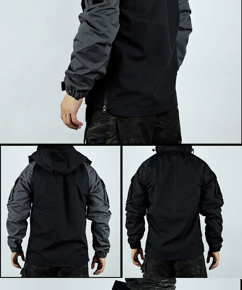 Taktisches Outdoor-Frog-Anzug-Set für Herren, Frühling/Herbst, wasserdichte Windjacke und Hose, Trainingsoutfit im Militärstil (Schwarz/Grau)_voghion.com