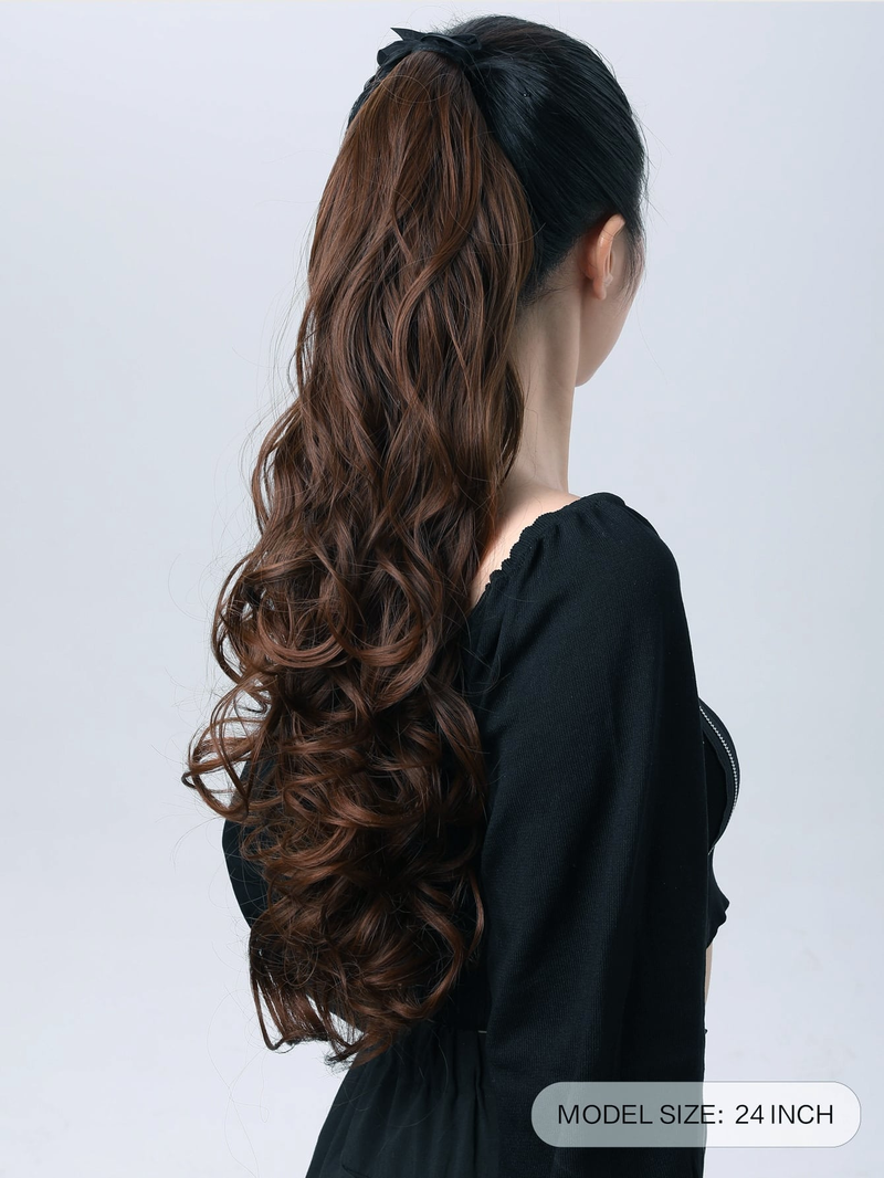 Estensioni dei capelli ricci avvolgenti coda di cavallo marrone scuro Parrucchino lungo 24 pollici per regalo per donne e ragazze_voghion.com