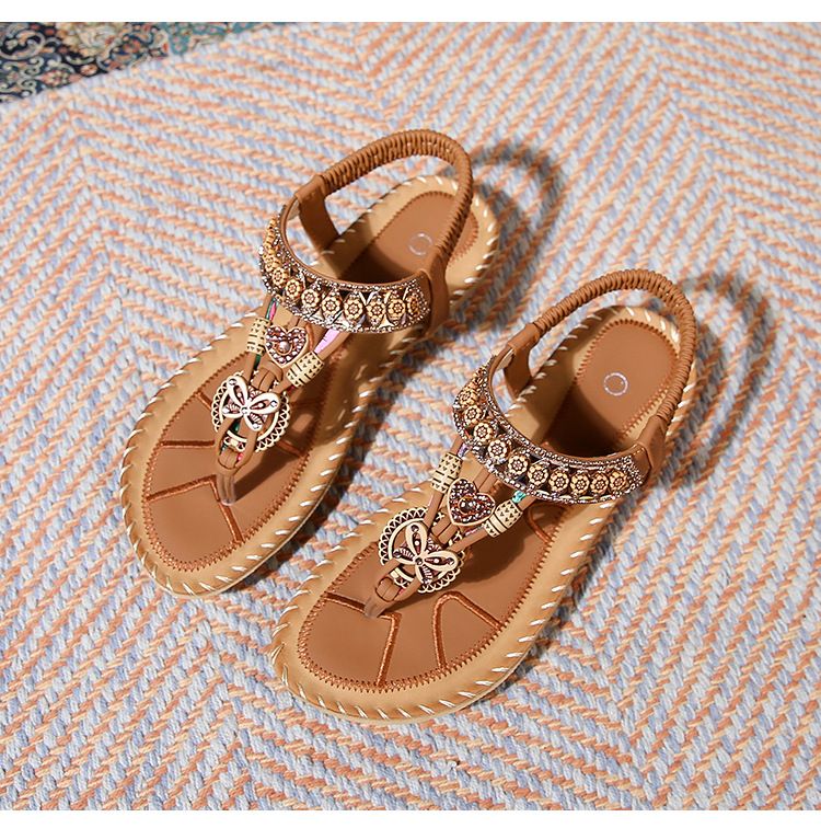 Sandale Weibliche Sommer Strass Flache Runde Kopf Prise Füße Offene Spitze_voghion.com