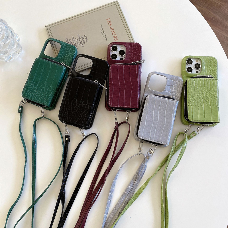 Mobiele telefoonhoesje rits kaarthouder lanyard geschikt voor Apple 15 mobiele telefoonhoesje Apple 14 promax krokodillenpatroon beschermhoes 13 dames_voghion.com